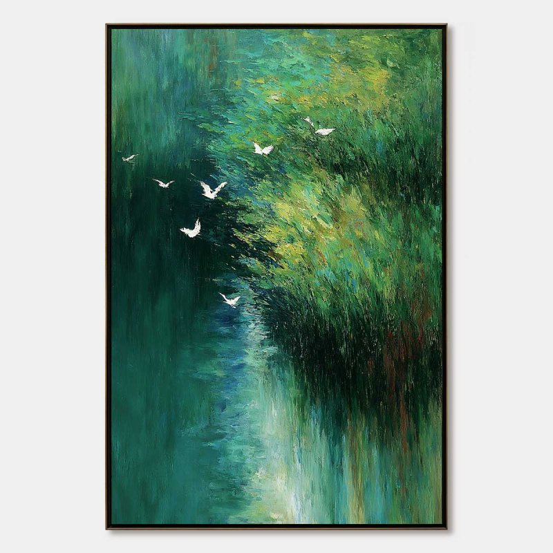 EMERALD FLIGHT: Abstract Green Forest & Birds Textured Oil Painting