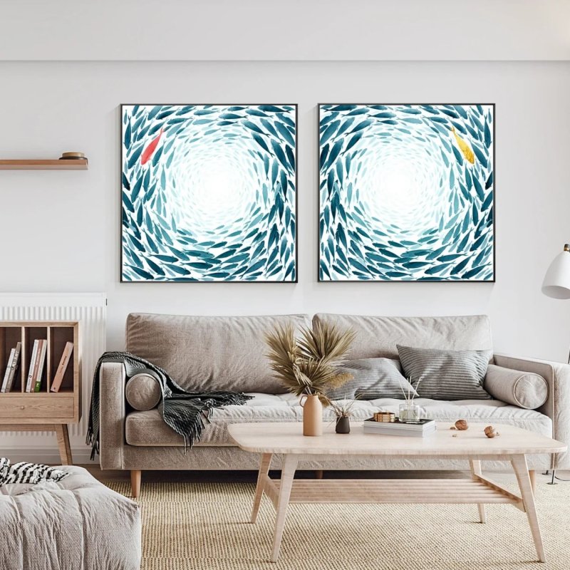 Blue & Red Abstract Fish Art Set of 2 #AT029