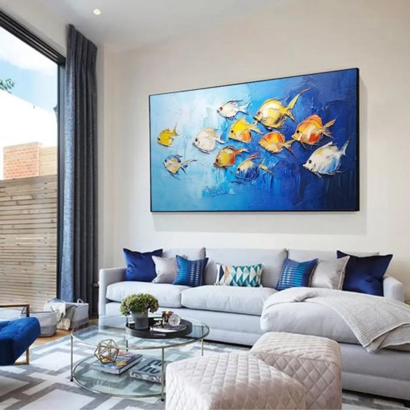 Textured Blue & Red Abstract Fish Wall Art #AT021