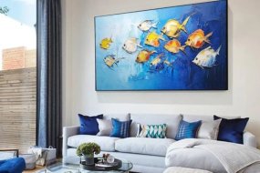 Textured Blue & Red Abstract Fish Wall Art #AT021